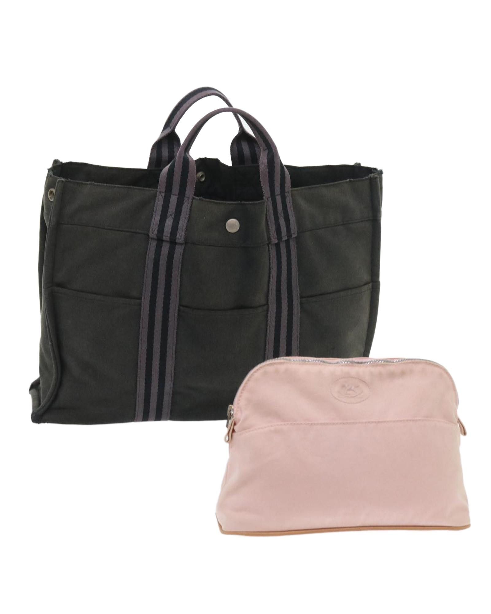 image of Hermes Canvas Pouch Tote Bag Set With Accessories in Grey, Women's