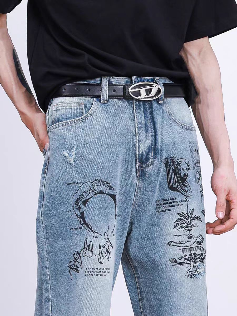 Japanese Brand × Jean Vintage graffiti-print ripped baggy jeans Size US 34 / EU 50 - 4 Thumbnail