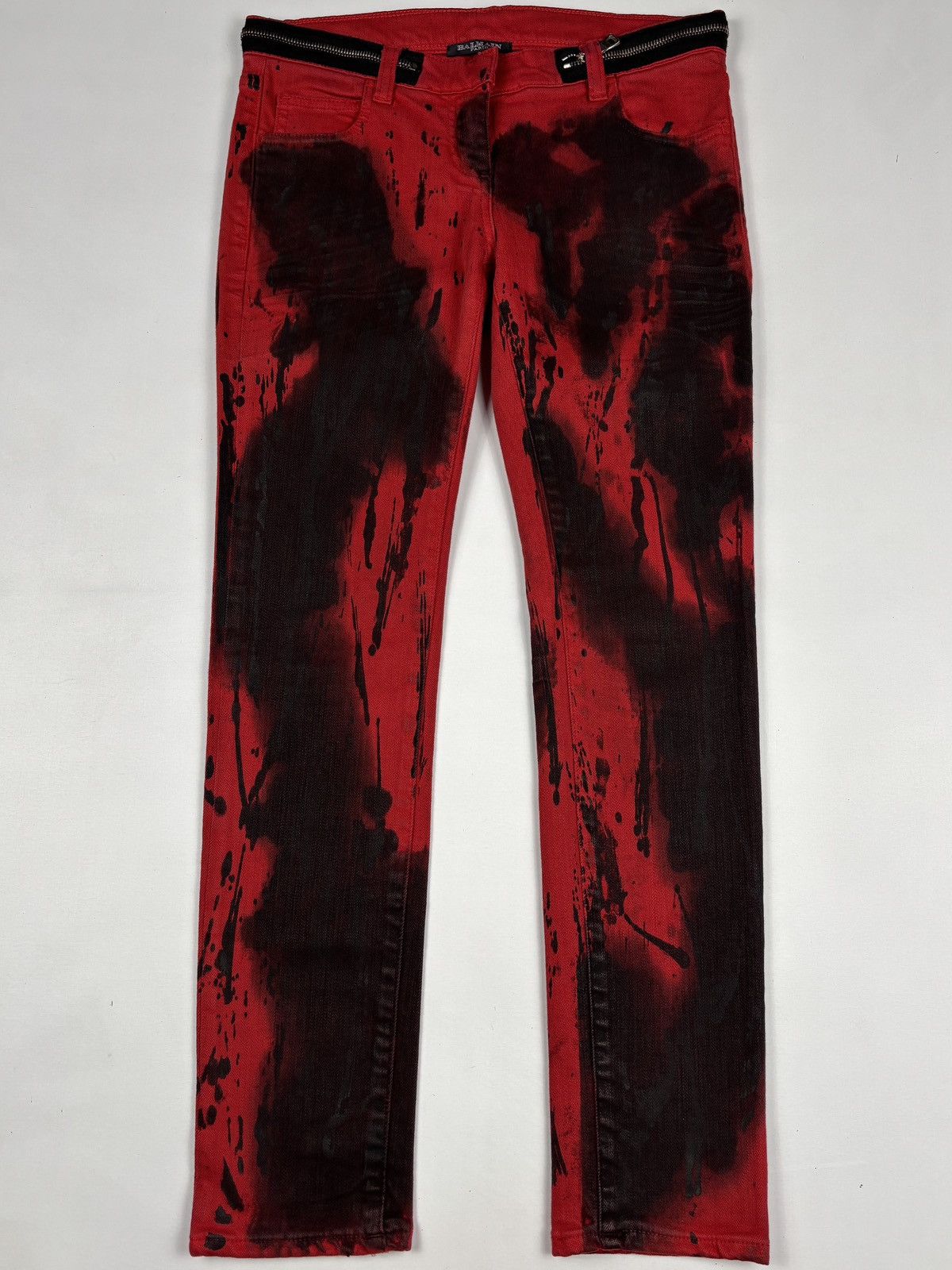 Balmain S/S 2011 Christophe Decarnin Red Washed-out Biker Jeans Size 30" / US 8 / IT 44 - 2 Thumbnail