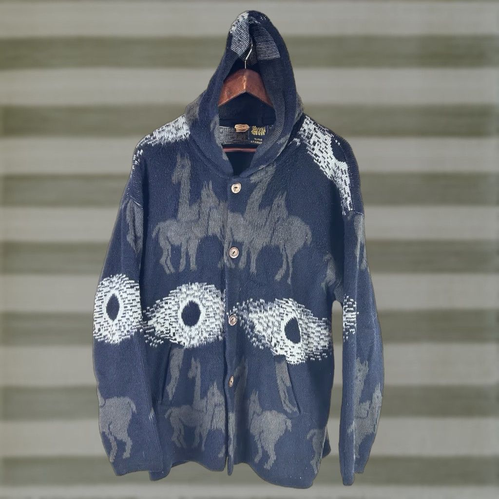 Vintage VINTAGE Tejidos Atahualpa Wool Aztec Sweater Mens Medium Blue Pockets Hooded Zipper Adjustable Buttons Knit Regular Fall Winter Sports Size US L / EU 52-54 / 3 - 1 Thumbnail