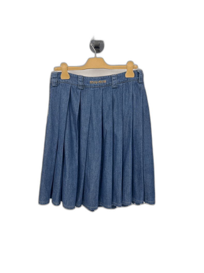 Miu Miu Miumiu Denim Pleated Mini Skirt Size 38" / US 16 / IT 52 - 1 Thumbnail