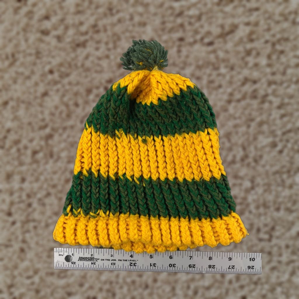 Vintage Handmade Green Bay Packers Style Beanie Knit Hat Adult One Size Green Striped Acrylic Pom Unisex Size ONE SIZE - 1 Thumbnail