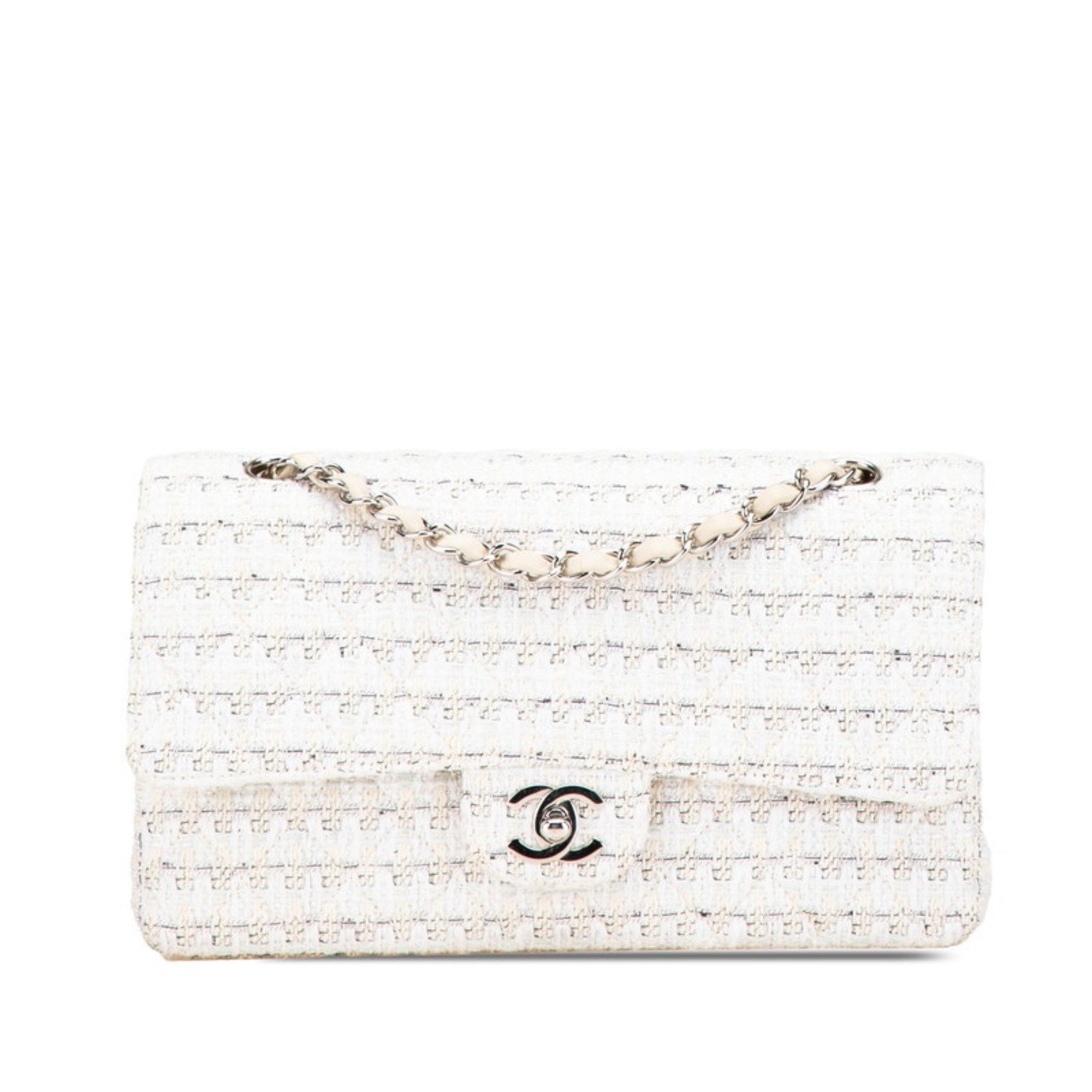 CHANEL Matelasse 25 Coco Mark Double Flap Chain Shoulder Bag Handbag White Beige Tweed Leather Women's