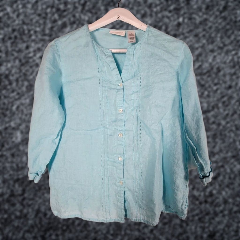 Liz Claiborne Liz Claiborne Lizsport Shirt Womens Blue Linen Button-Up Pintuck Medium Casual Size M / US 6-8 / IT 42-44 - 1 Thumbnail