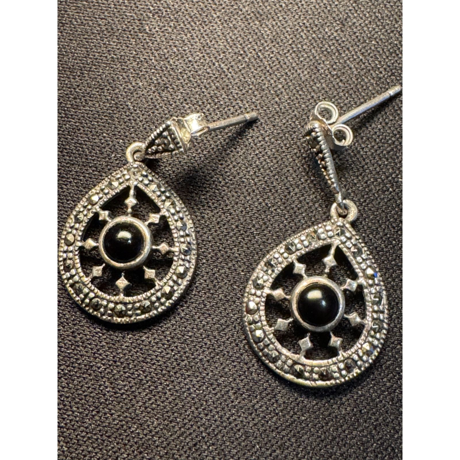 Other Vintage Sterling Silver Marcasite & Onyx Post Earrings Size ONE SIZE - 1 Thumbnail