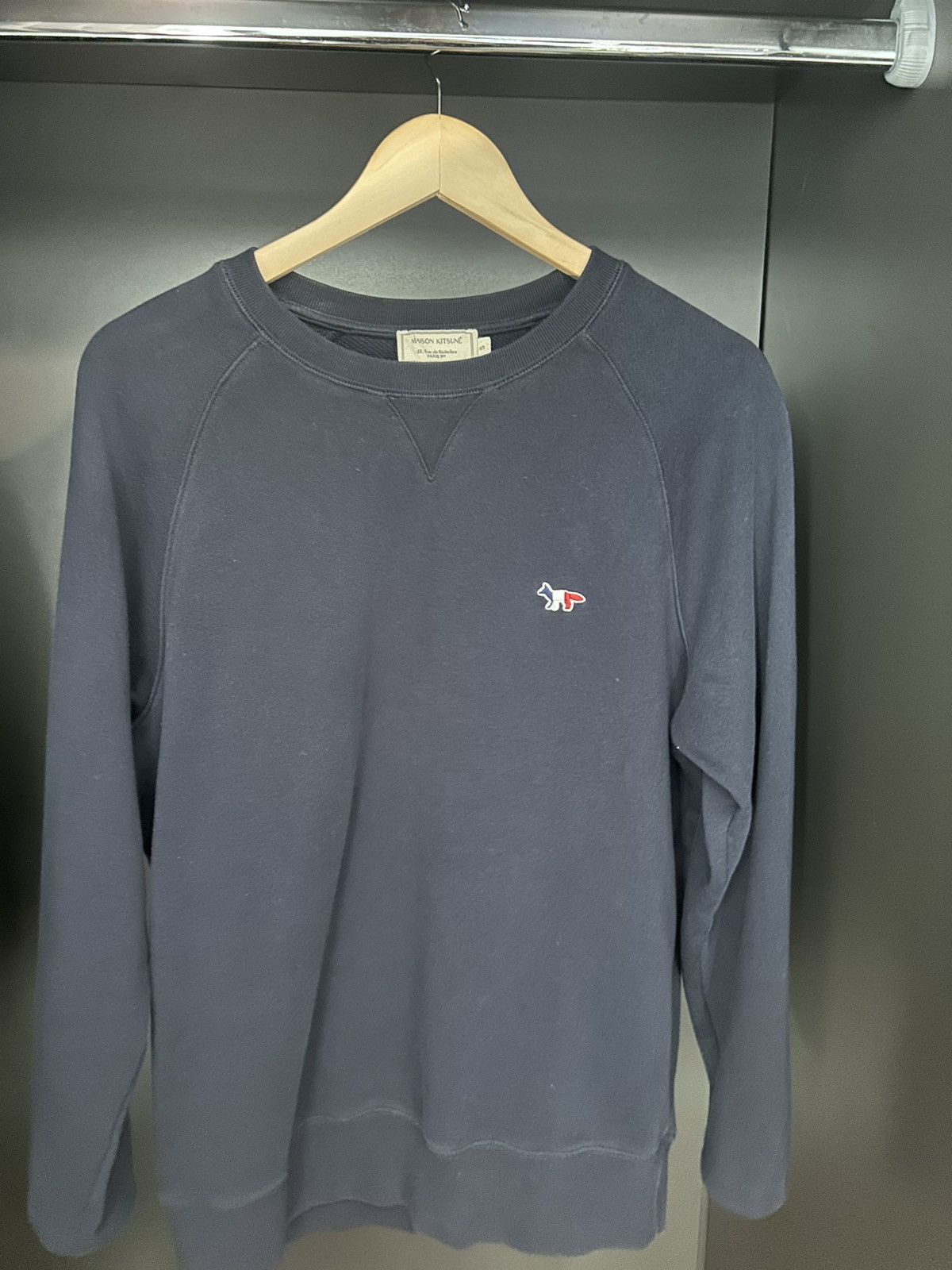 image of Navy Blue Maison Kitsune Tricolor Fox Crewneck Sweatshirt, Men's (Size Small)