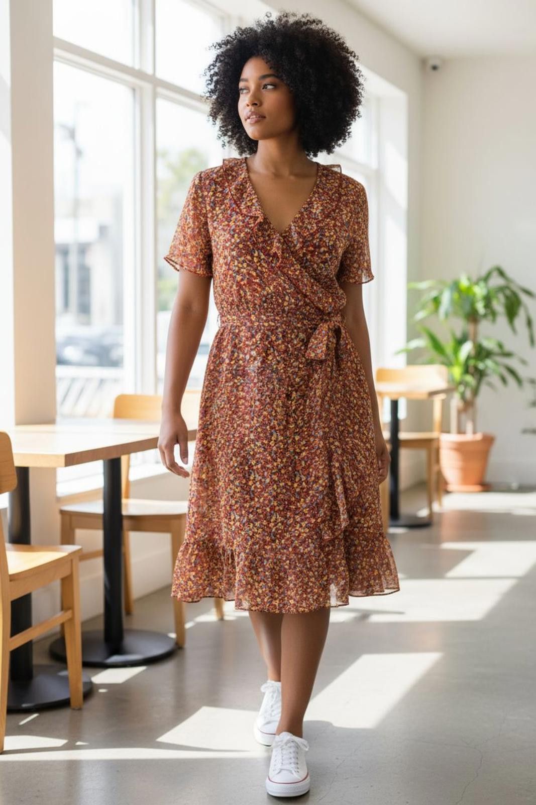 Other Jacqueline de Yong Brown Floral Midi Dress w/Ruffle Detail Size M / US 6-8 / IT 42-44 - 2 Thumbnail