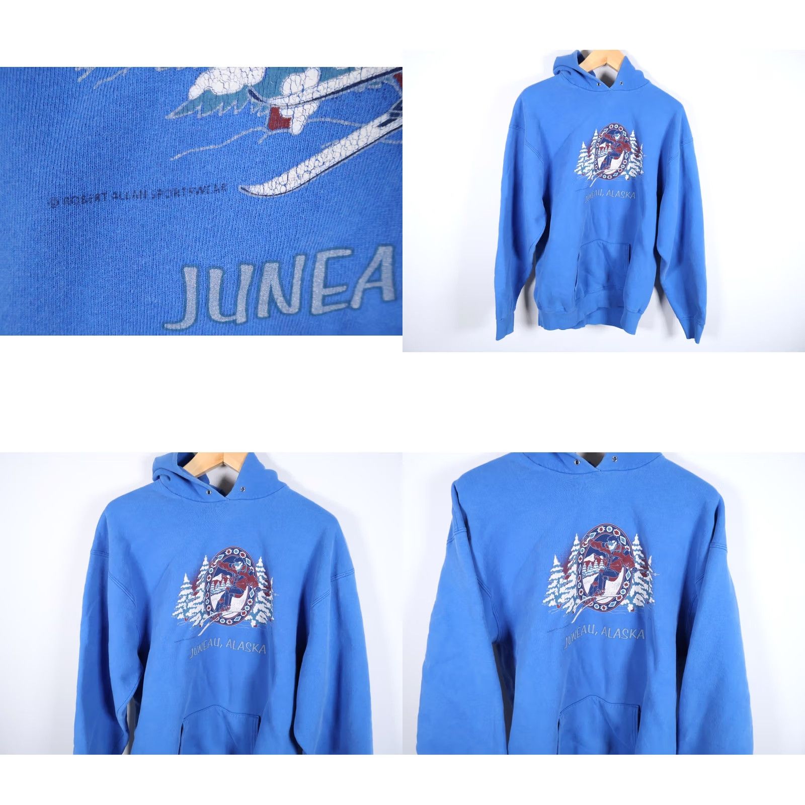 Fruit Of The Loom VINTAGE 90s Juneau Alaska Ski Hoodie Mens XL Blue Pullover Sweatshirt Heavy Cotton VTG Size US XL / EU 56 / 4 - 9 Thumbnail