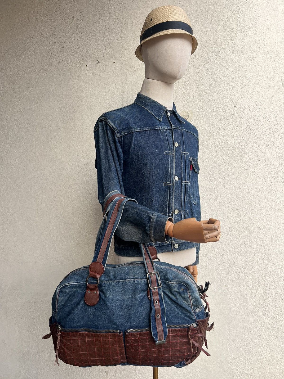 Vintage And A Japan Distress Fade Denim Cowhide Leather Large Bag Size ONE SIZE - 4 Thumbnail