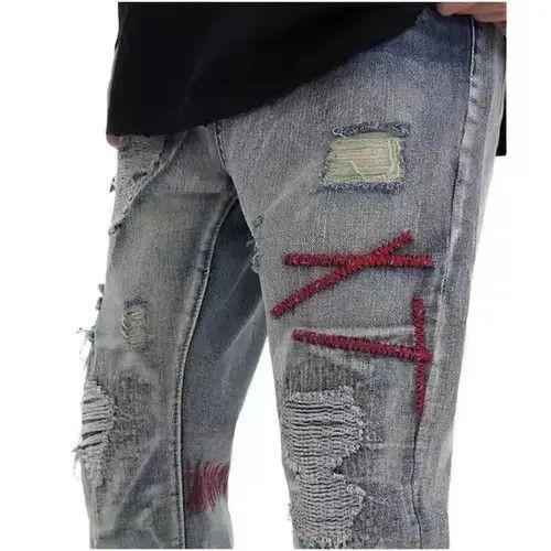 Japanese Brand Patched Distressed Embroidery Blue Denim Jeans Size US 32 / EU 48 - 2 Thumbnail