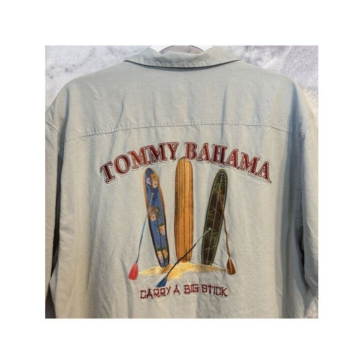 Tommy Bahama Carry A Big Stick Silk Shirt 1XL Embroidered in Blue, Men's