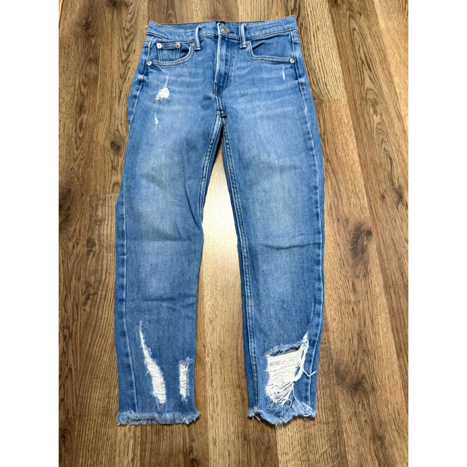 Gap GAP Jeans Women's 25 Petite Blue Denim Tru Skinny Frayed Hem Distressed Regular Size 42" / US 20 - 2 Thumbnail