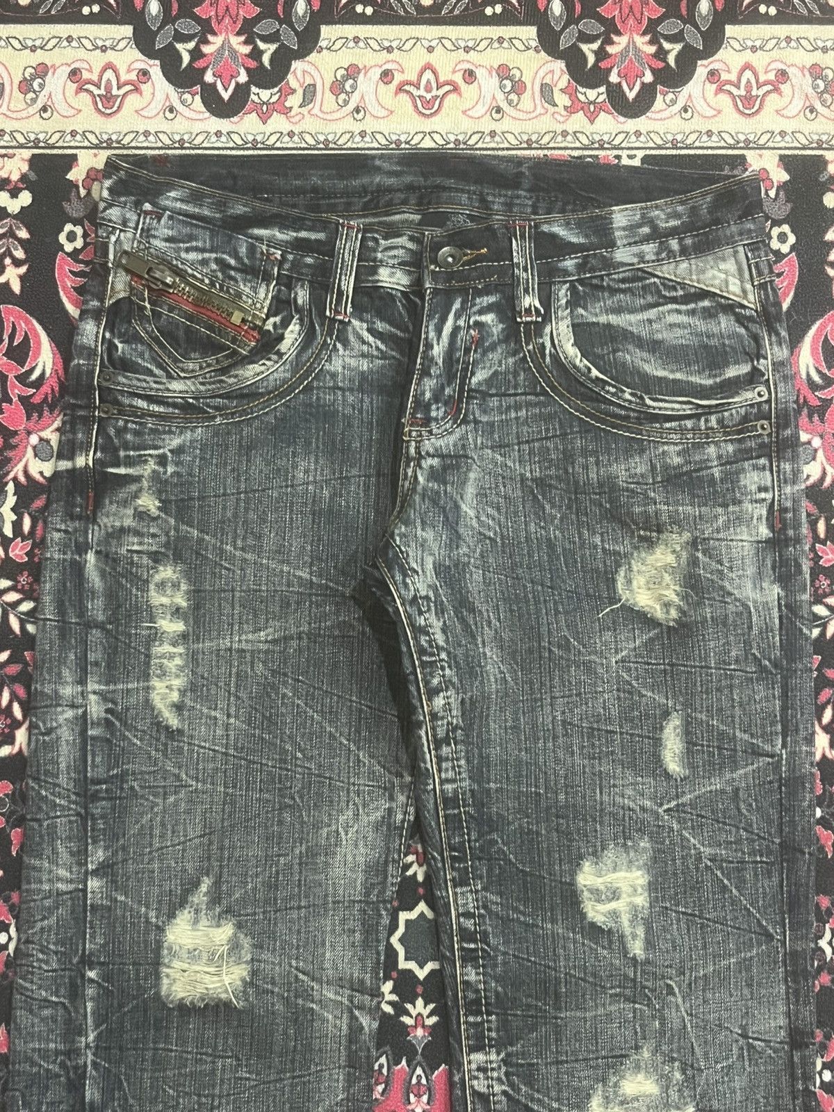 semanticdesign Japan Semantic Design Dark Washed Cracked Fringe Flare Jeans Size US 32 / EU 48 - 4 Thumbnail