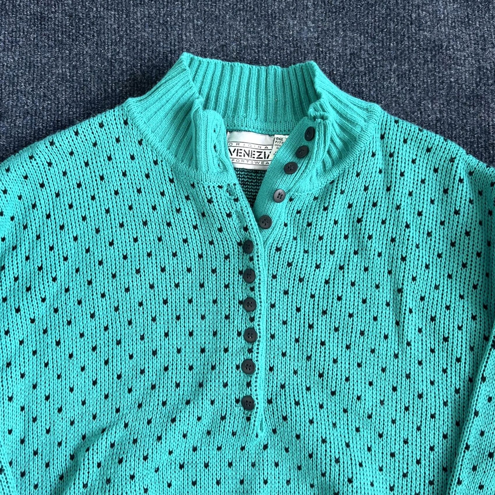 Vintage VINTAGE Venezia Sweater Womens One Size Blue Mock Neck Henley Chunky 3/4 Sleeve Size ONE SIZE - 2 Thumbnail