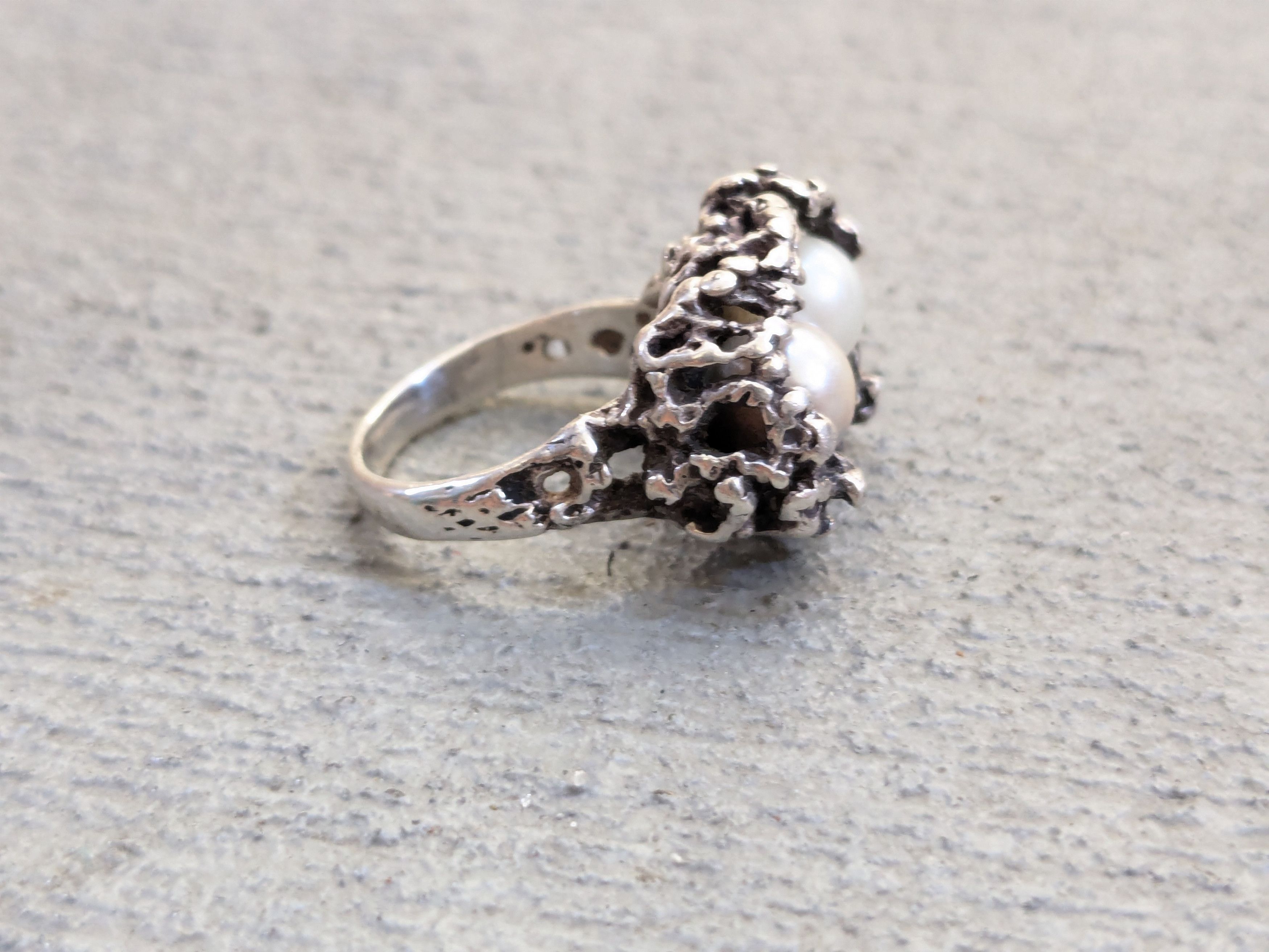 Other Vintage Sterling Silver Ring Pearl Brutalist Modern Abstract Size ONE SIZE - 5 Thumbnail