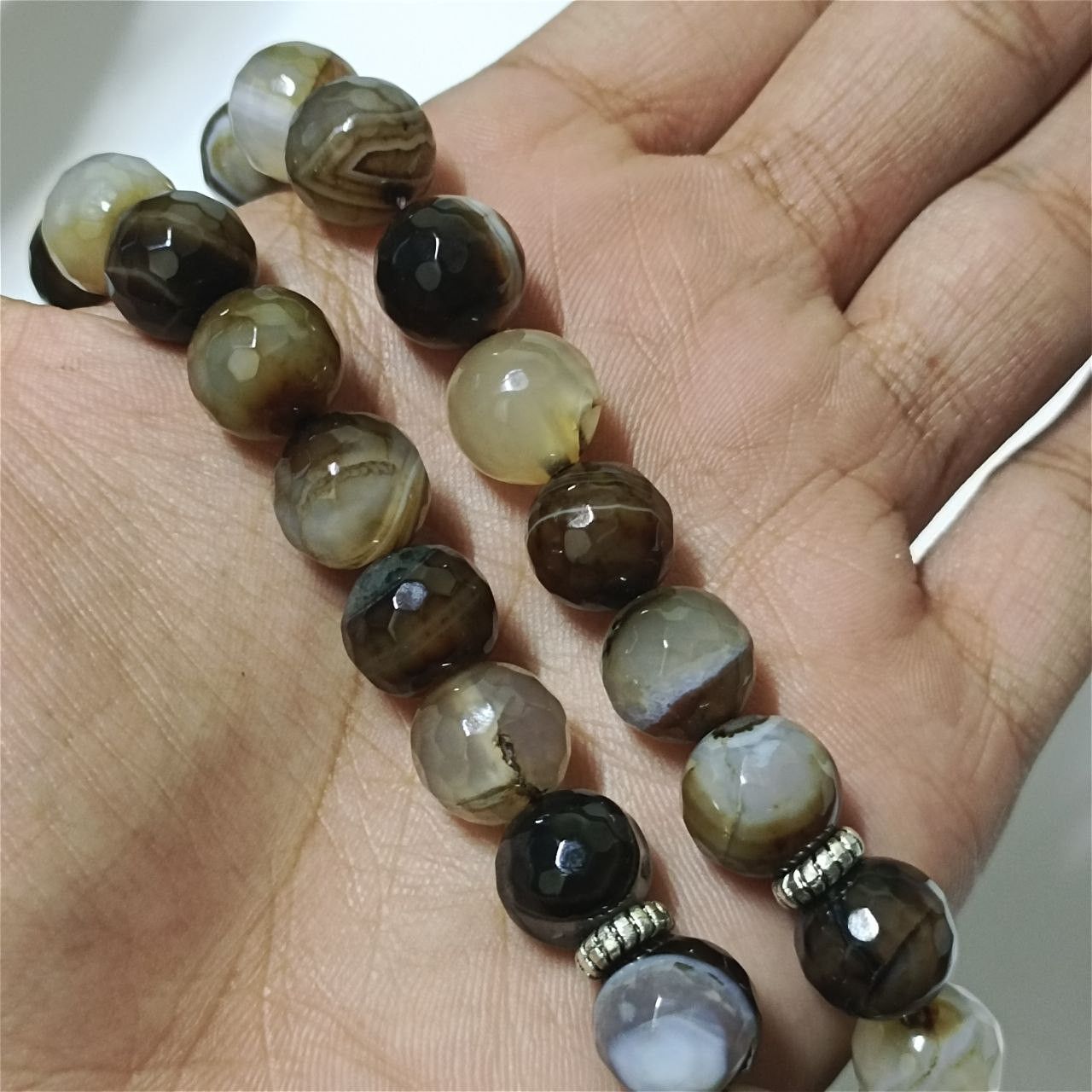 33 agate stone prayer beads silver crescent charms tassel