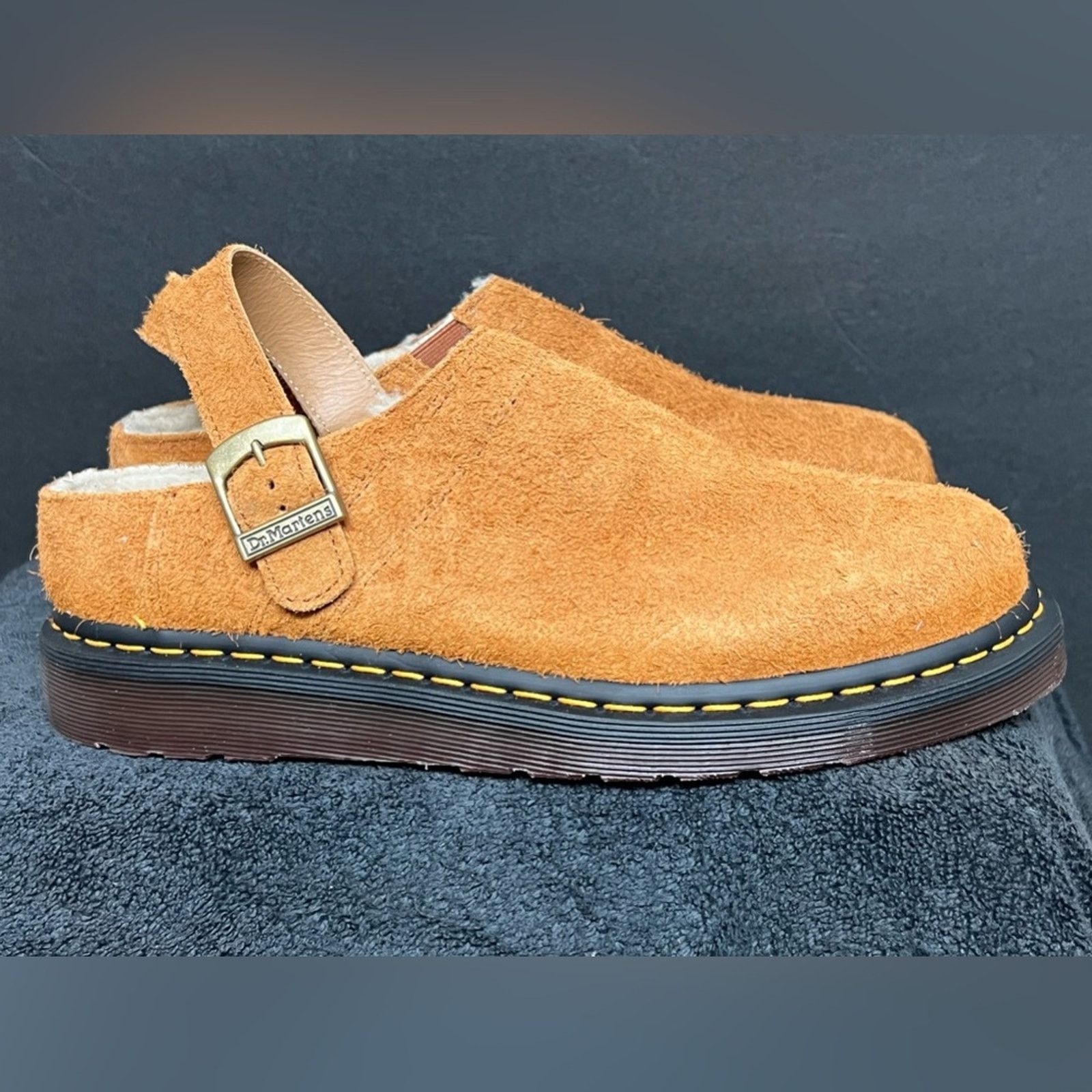 NEW Dr. Martens Isham Brown Shearling Suede Slingback Mules