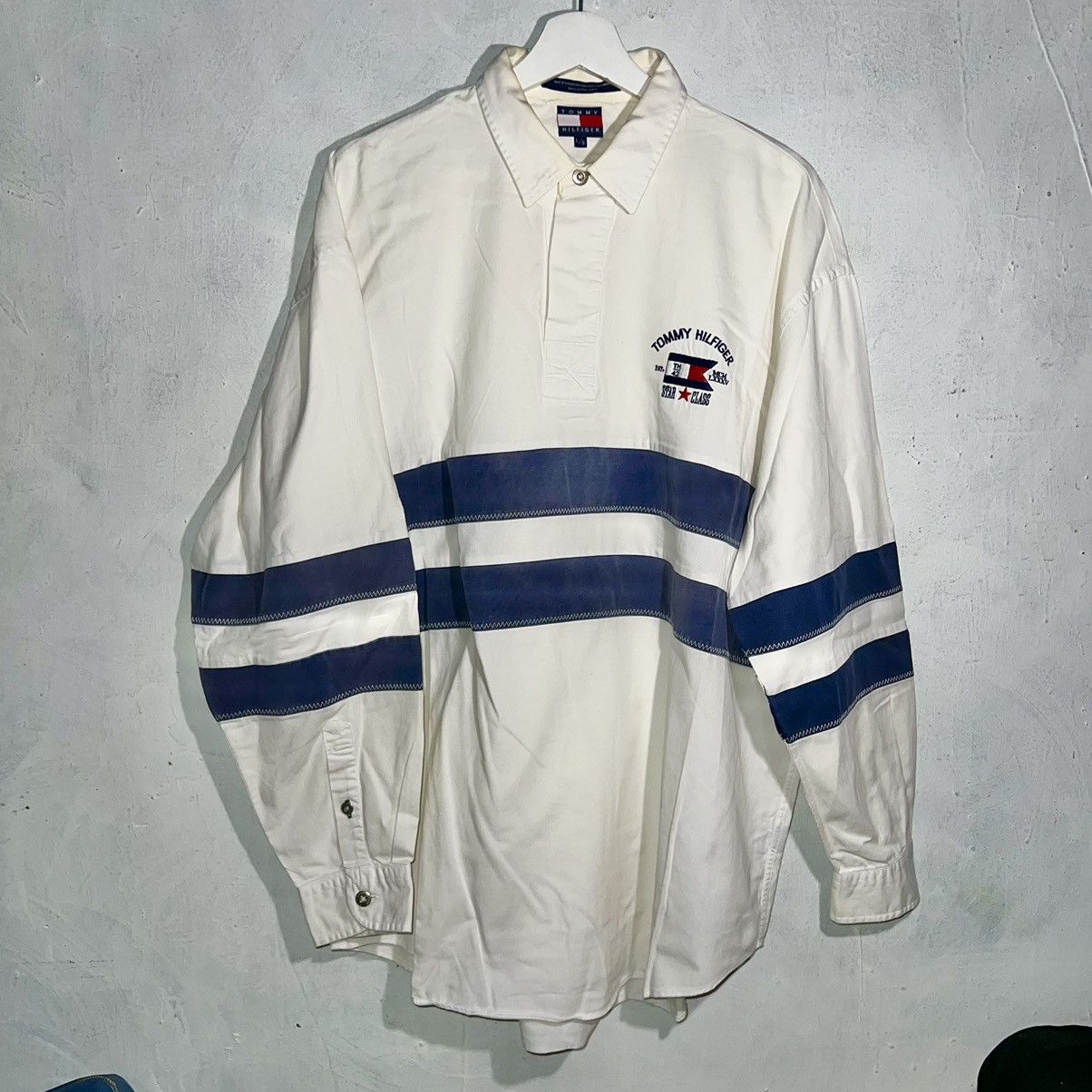 Tommy Hilfiger × Vintage 90s vintage Tommy Hilfiger button up white navy long sleeve Size US L / EU 52-54 / 3 - 1 Thumbnail