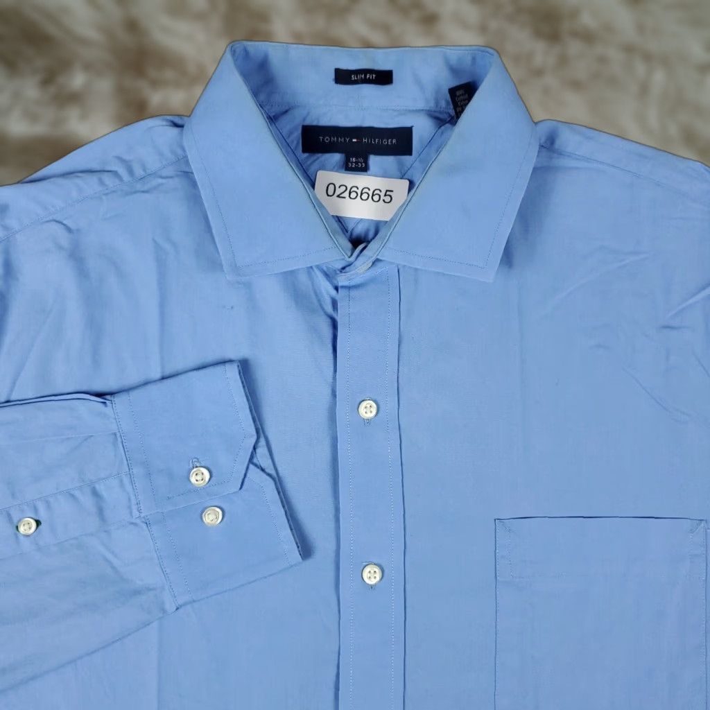 Tommy Hilfiger VINTAGE? No — Tommy Hilfiger Dress Shirt Mens 16.5 Blue Long Sleeve Button Up Collared 100% Cotton Classic Preppy Mens Size 16.5 Blue Dress Shirt Size 42R - 1 Thumbnail