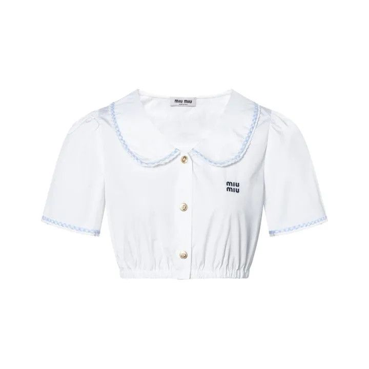 Miu Miu Miu Miu White Cropped Shirt with Print 0079 Size L / US 10 / IT 46 - 1 Thumbnail