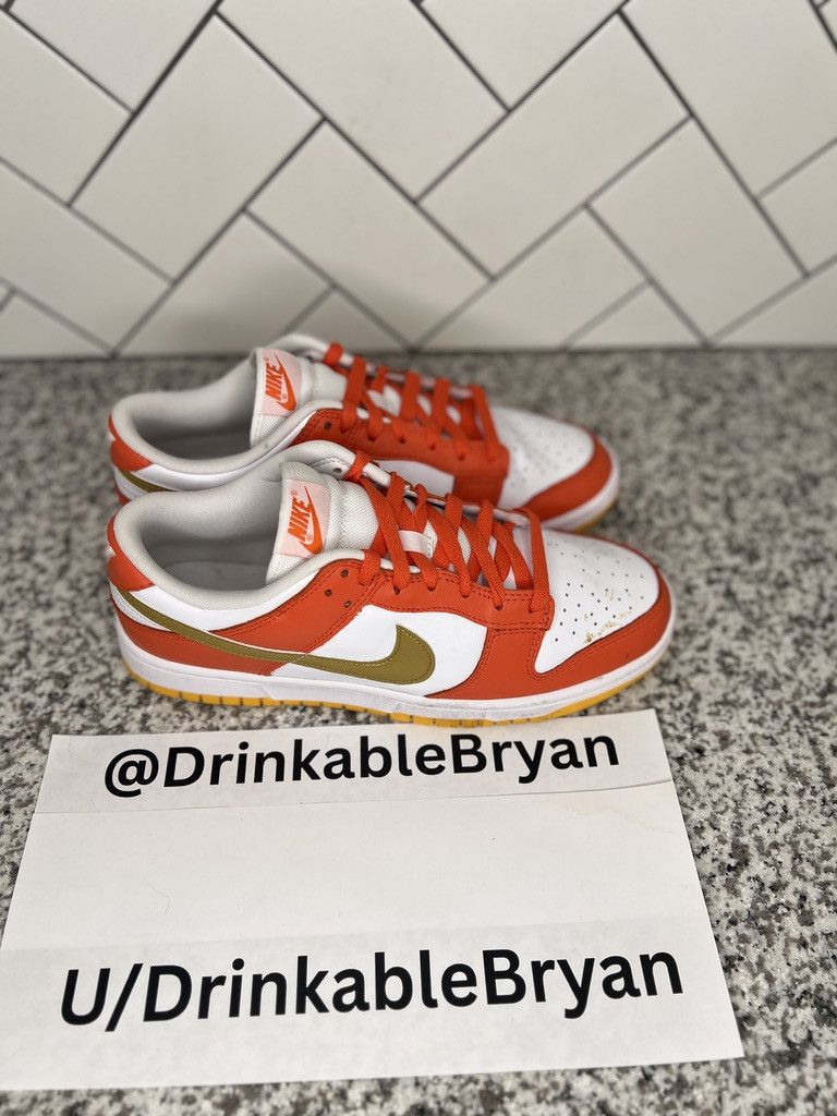 image of Nike Dunk Low University Gold Shoes in Orange/White/University Gold, Men's (Size 8.5)