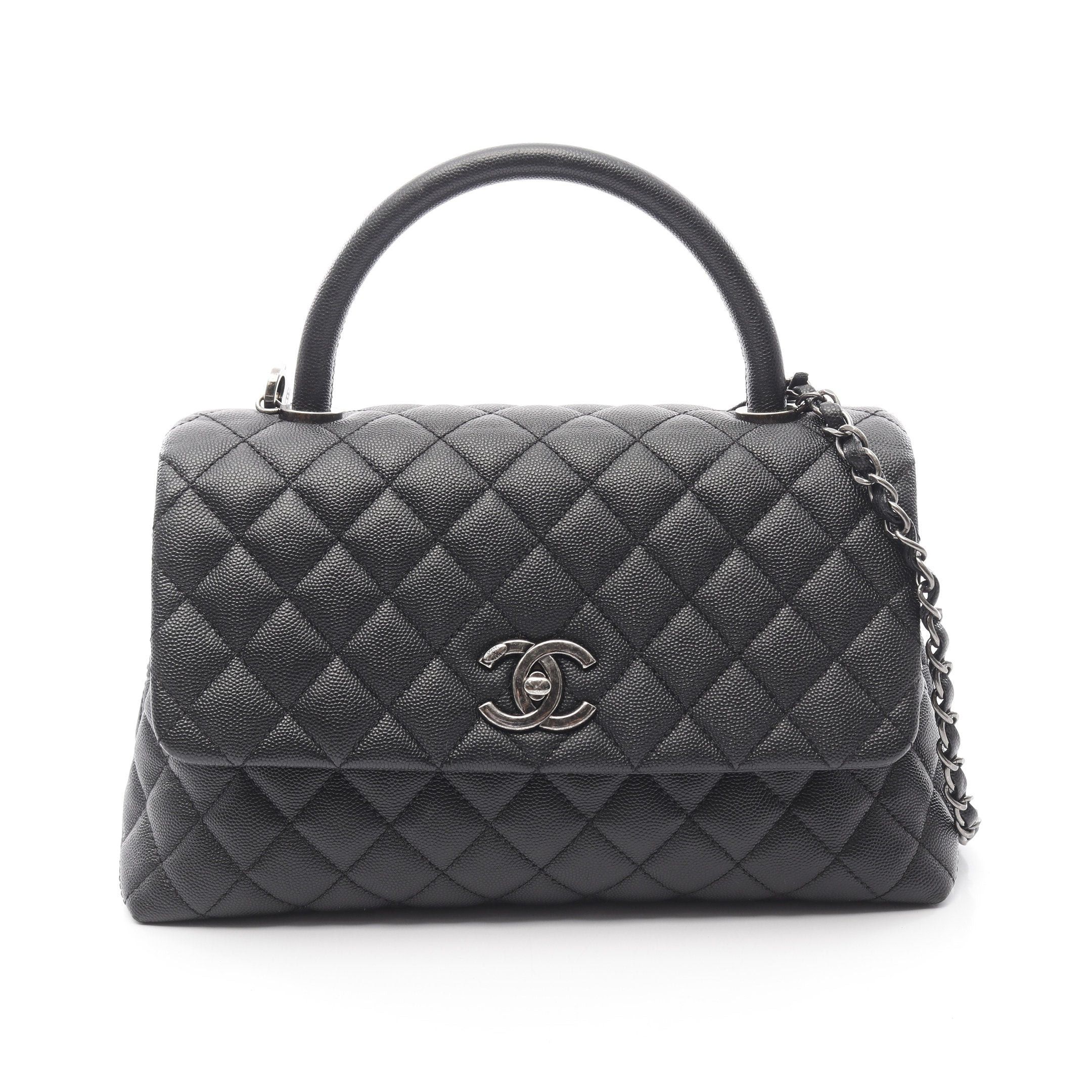 Chanel Coco Handle 29 Top Flap Bag Matelasse Handbag Caviar Skin Black Antique Silver Hardware, Women's