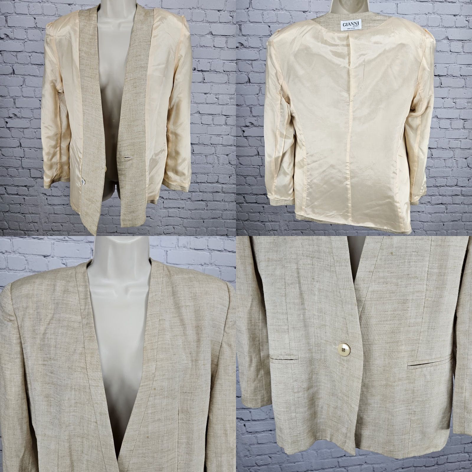 Vintage VINTAGE Gianni Sport Blazer Jacket Women 10 One-Button Beige Linen Blend Single-Breasted Regular Sleeves Long Sleeve Classic Size L / US 10 / IT 46 - 8 Thumbnail