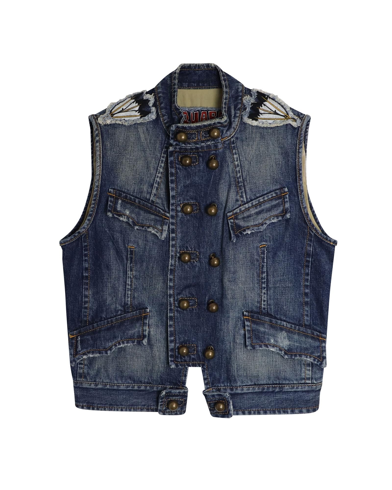 image of Dsquared2 Double Breasted Denim Vest With Embroidered Feather Motifs in Blue, Men's (Size Small)