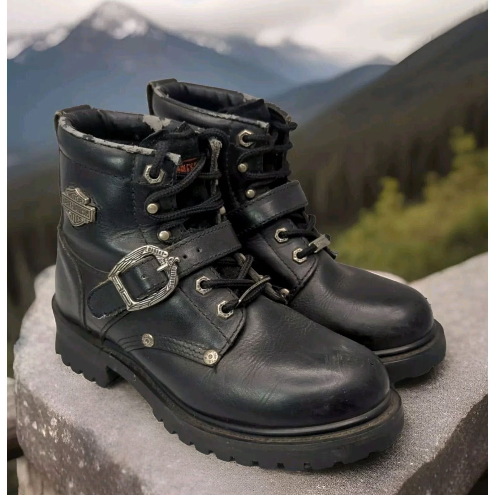 Harley Davidson Harley-Davidson Boots Women Biker Ankle Strap Leather 39 Black 8 US Size US 8 / IT 38 - 2 Thumbnail