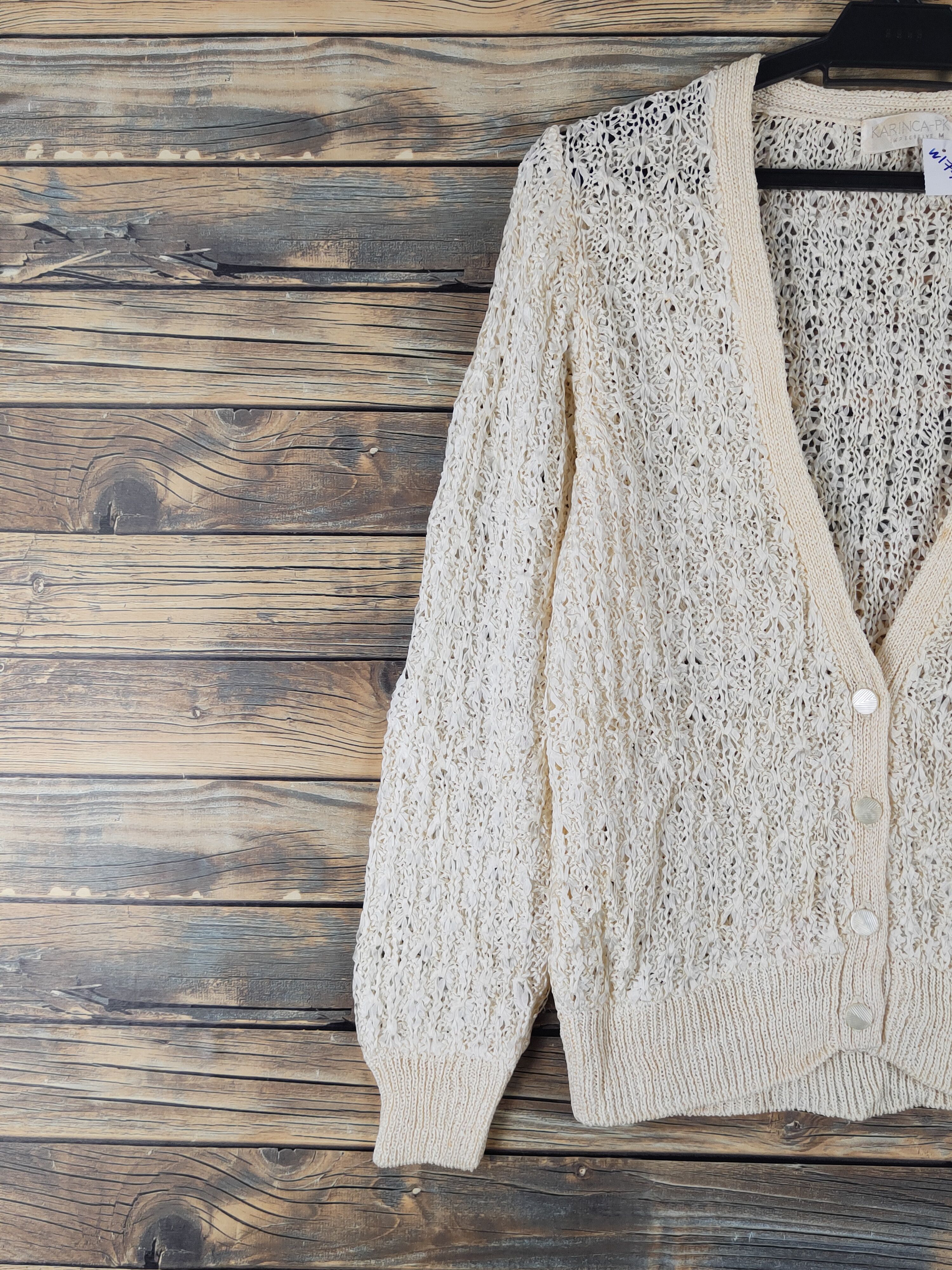 Homespun Knitwear Karinca-PK Yellow Crochet MeshNet Knitwear Cardigan #W1771 Size US M / EU 48-50 / 2 - 3 Thumbnail
