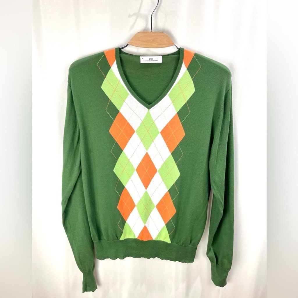 Carolina Herrera CH Carolina Herrera Green Cotton Argyle V Neck Sweater US M Size US M / EU 48-50 / 2 - 2 Thumbnail