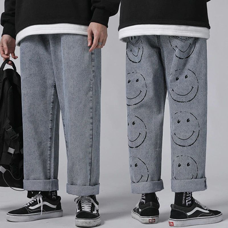 Jean × Vintage Mens Vintage Washed Jeans Hip Hop Smile Face Print Size US 34 / EU 50 - 1 Thumbnail