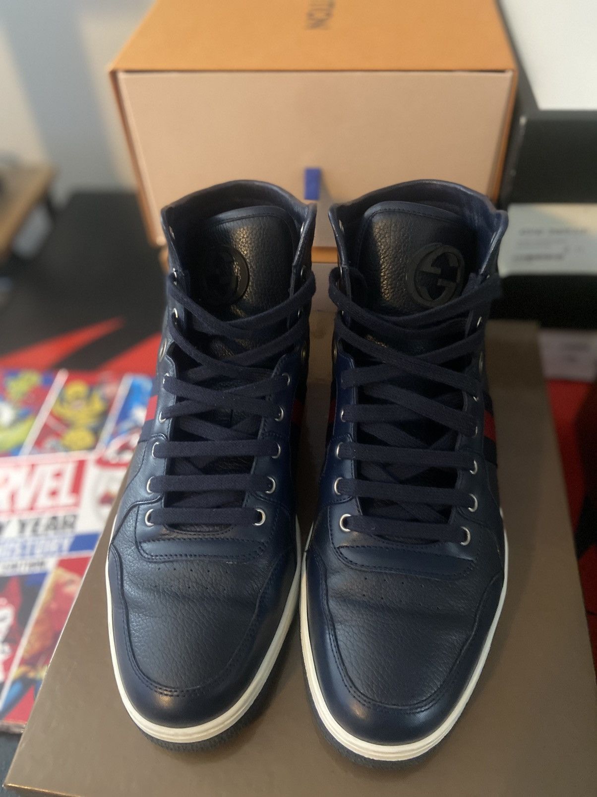 Gucci Gucci Navy Leather High-Top Sneakers (Red Web Stripe) Size US 11 / EU 44 - 2 Thumbnail