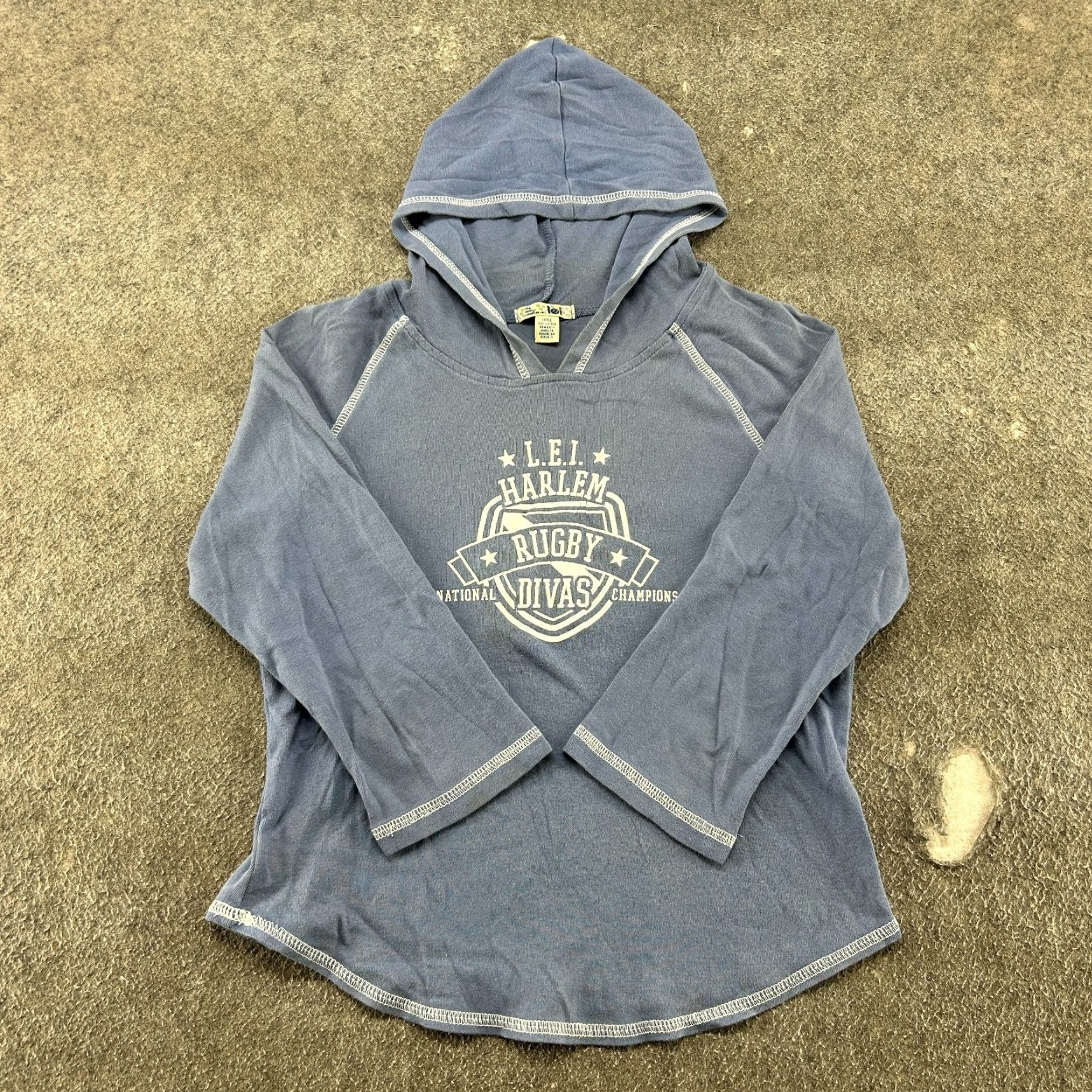 Vintage VINTAGE Lei Hoodie Womens L Blue Pullover Shirt Harlem Rugby Divas Top 90s Logo Hooded Pockets Casual Activewear - Mens Womens Girls Boys Size L / US 10 / IT 46 - 2 Thumbnail