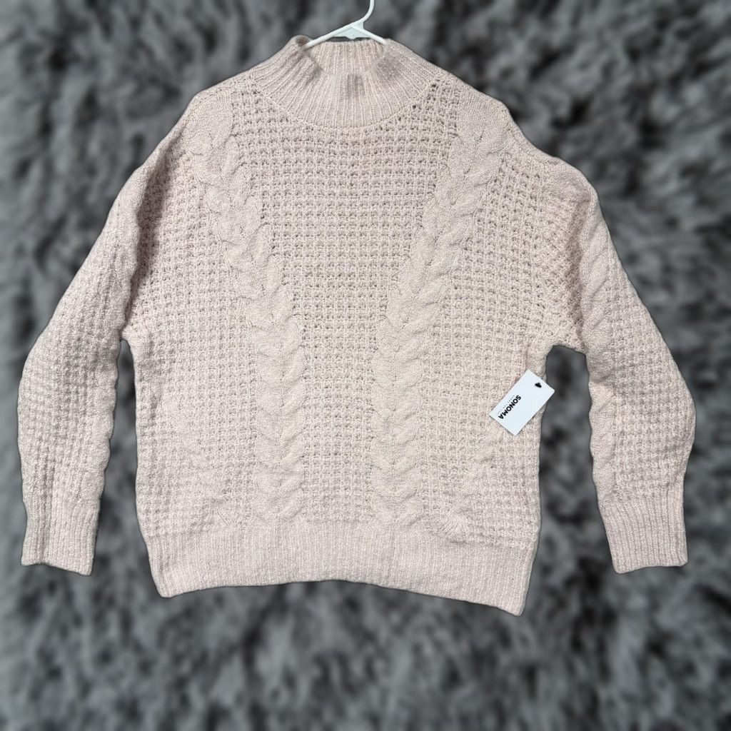 Pinko Sonoma Womens L Pink Cable-Knit Pullover Mock Neck Sweater, Casual Preppy Knit Top Size L / US 10 / IT 46 - 1 Thumbnail