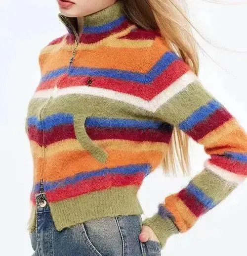 Designer Colorful Striped Zip Cardigan Sweater Size M / US 6-8 / IT 42-44 - 4 Thumbnail