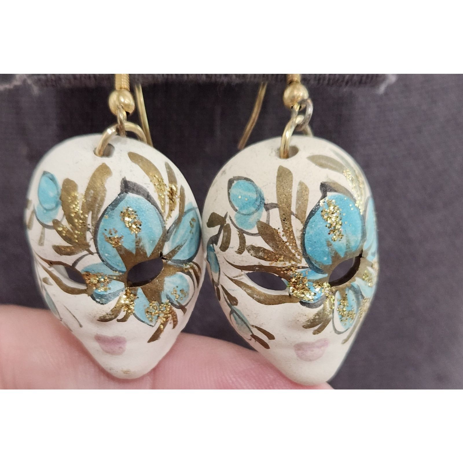 Other Ceramic Blue Gold Hand Painted Face Mask Dangle Earrings 2.5 Size ONE SIZE - 1 Thumbnail