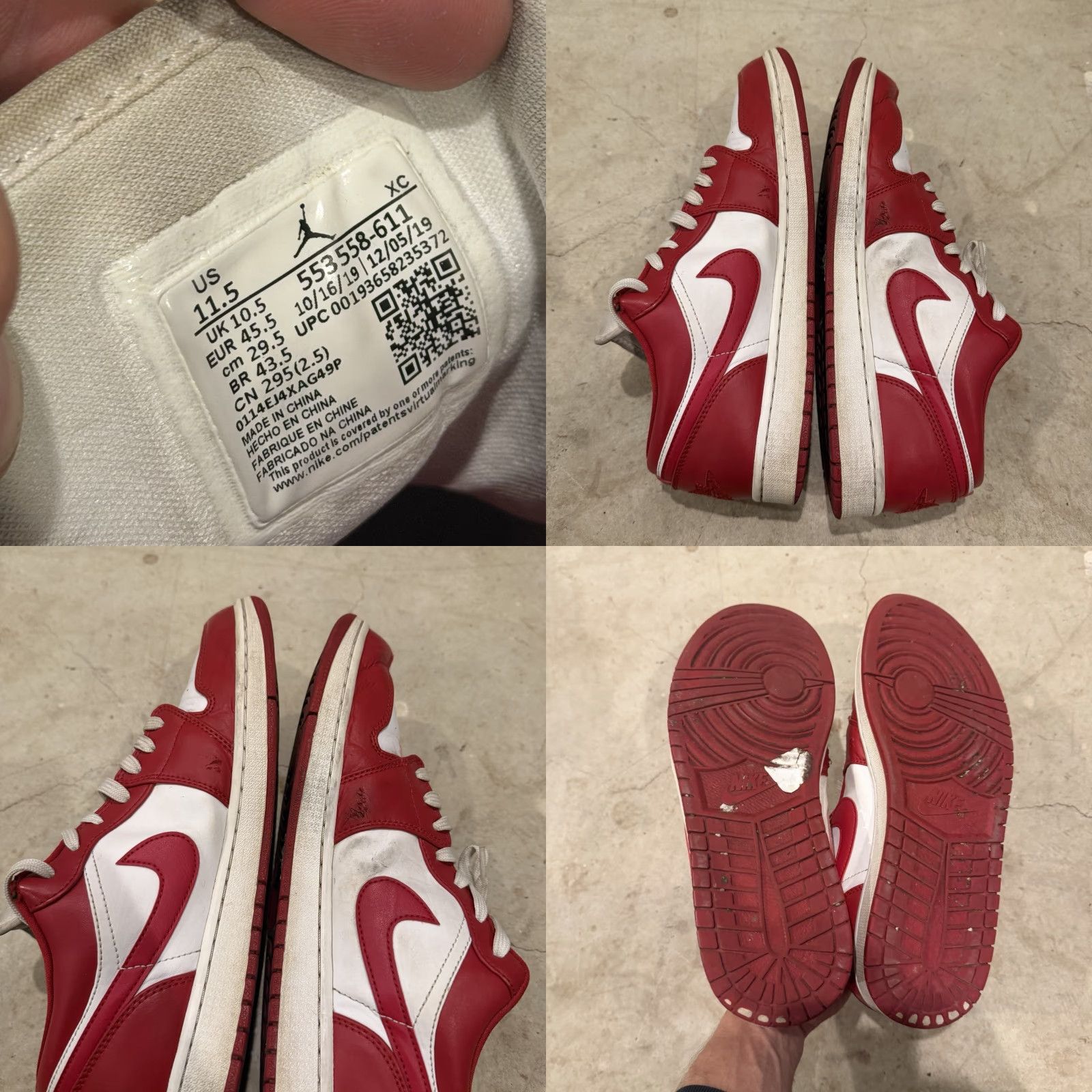 Nike Nike Air Jordan 1 Low Sneaker Mens size 11.5 Gym Red White 553558-611 Pre Owned Size US 12 / EU 45 - 8 Thumbnail