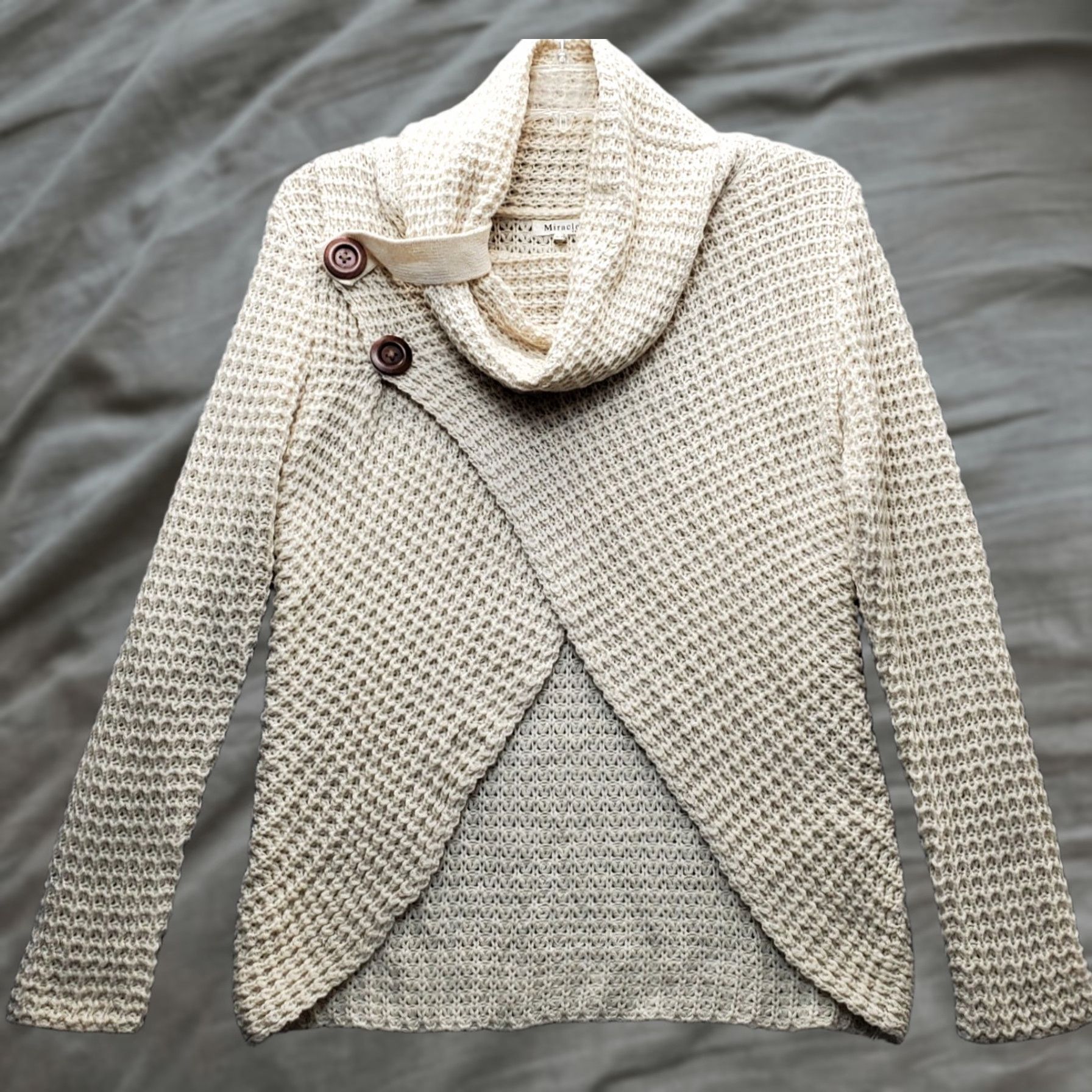 Vintage Miracle Cardigan Sweater Women S/M Tan Waffle Knit Cowl Neck Wrap Front Pullover Size S / US 4 / IT 40 - 1 Thumbnail