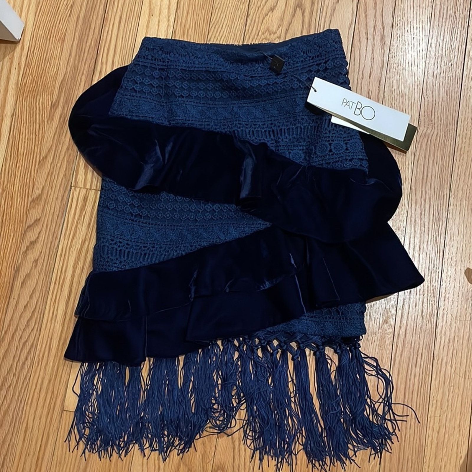 Other PatBo navy velvet and crochet fringe skirt size 0 brazil 32 Size 25" / US 0 / IT 36 - 4 Thumbnail