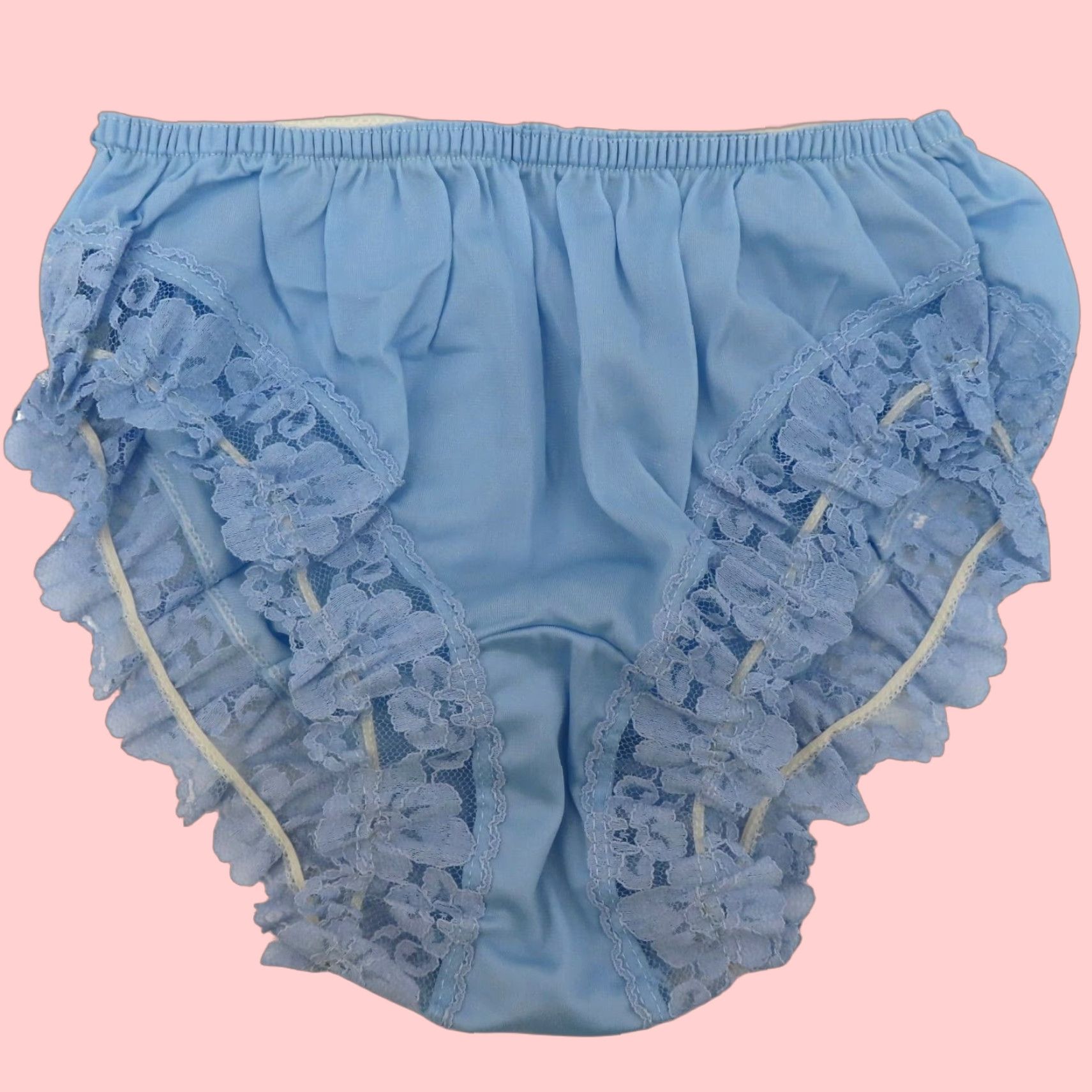 Vintage VTG Fitzgerald Women 7 Solid Blue Flower Lace Trim Panty All Nylon New No Tags (Size 28)
