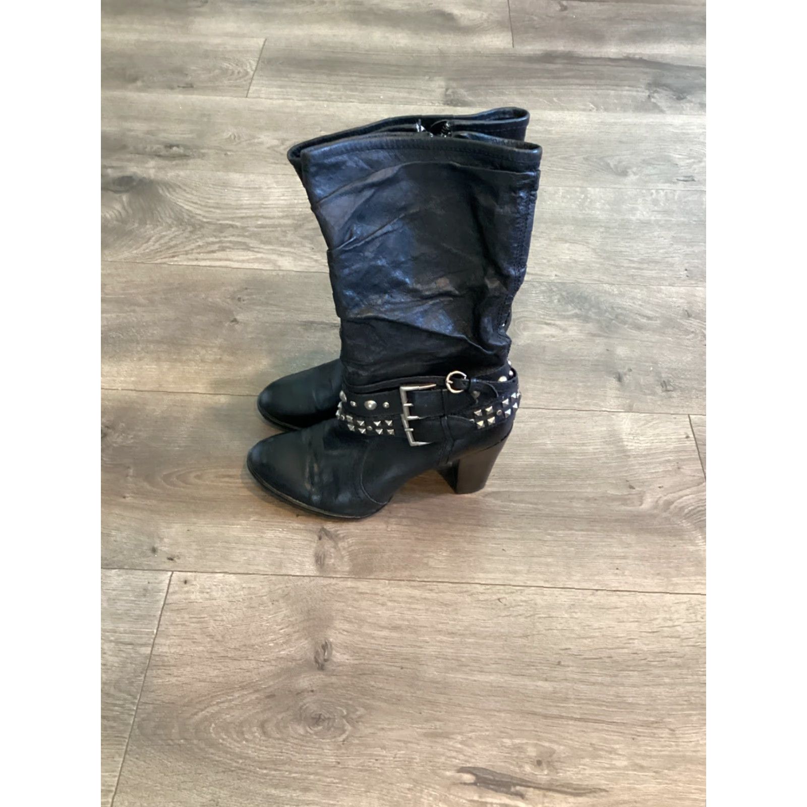 Vintage VINTAGE a.n.a Biker Boots Women Mid-Calf Leather Zipper Black 6.5 High Block Heel Studs Size US 6.5 / IT 36.5 - 4 Thumbnail