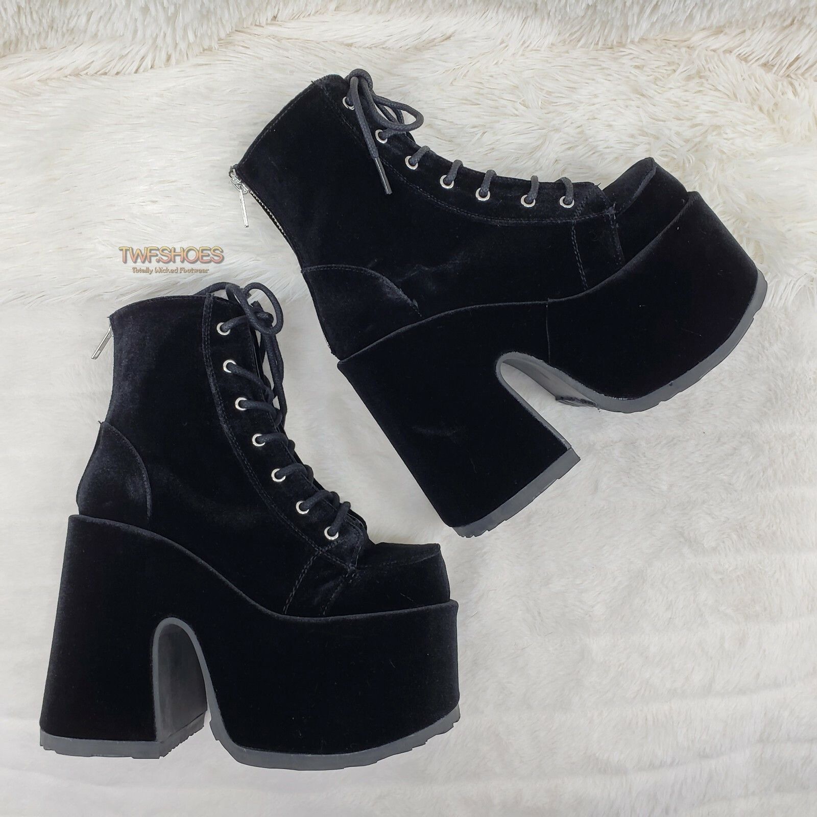 Other Camel 203 Stacked Black Velvet Platform Goth Punk Ankle Boot Size US 7 / IT 37 - 2 Thumbnail