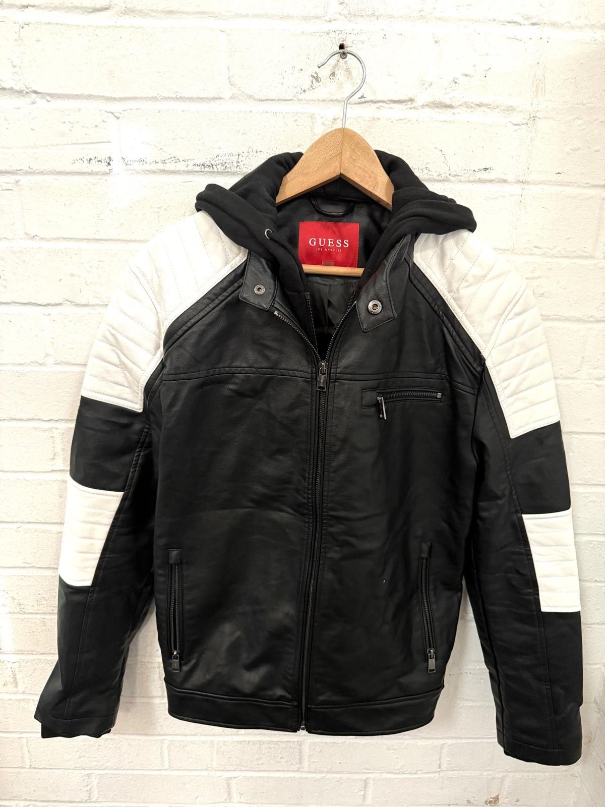 Guess Guess Men's Black and White Leather Jacket with Hood Size US M / EU 48-50 / 2 - 1 Thumbnail