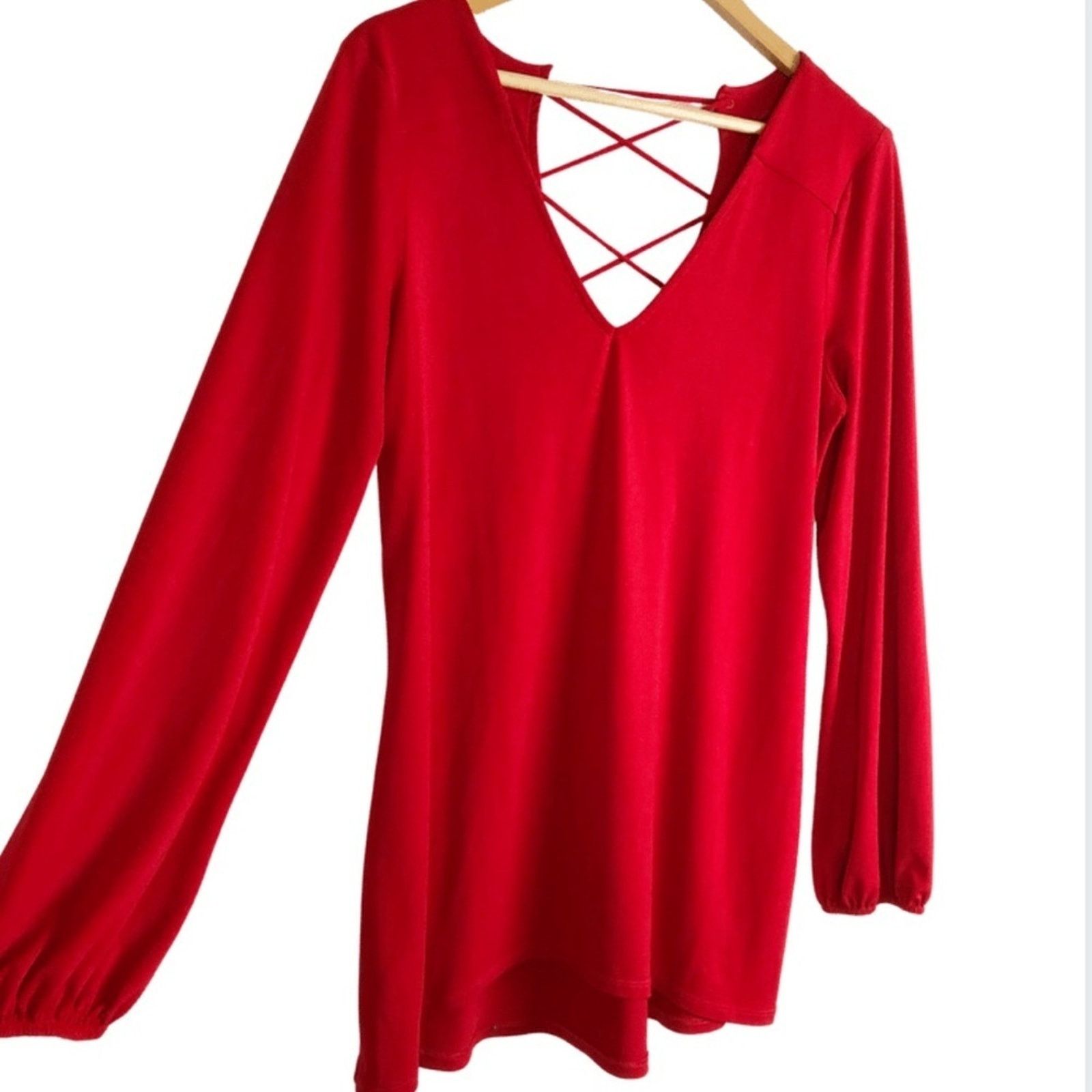 Express Express Women’s Red Lace Up Long Sleeve Sexy Blouse Size M / US 6-8 / IT 42-44 - 4 Thumbnail