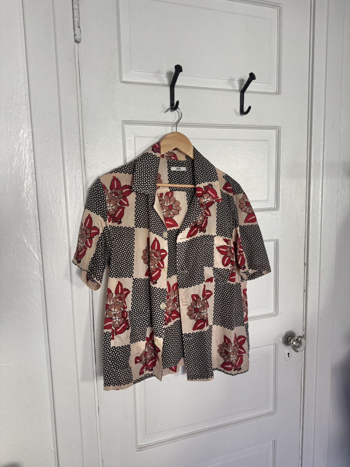 Bode Bode Checker Bloom Short Sleeve Silk Button-Up Shirt Size US S / EU 44-46 / 1 - 2 Thumbnail