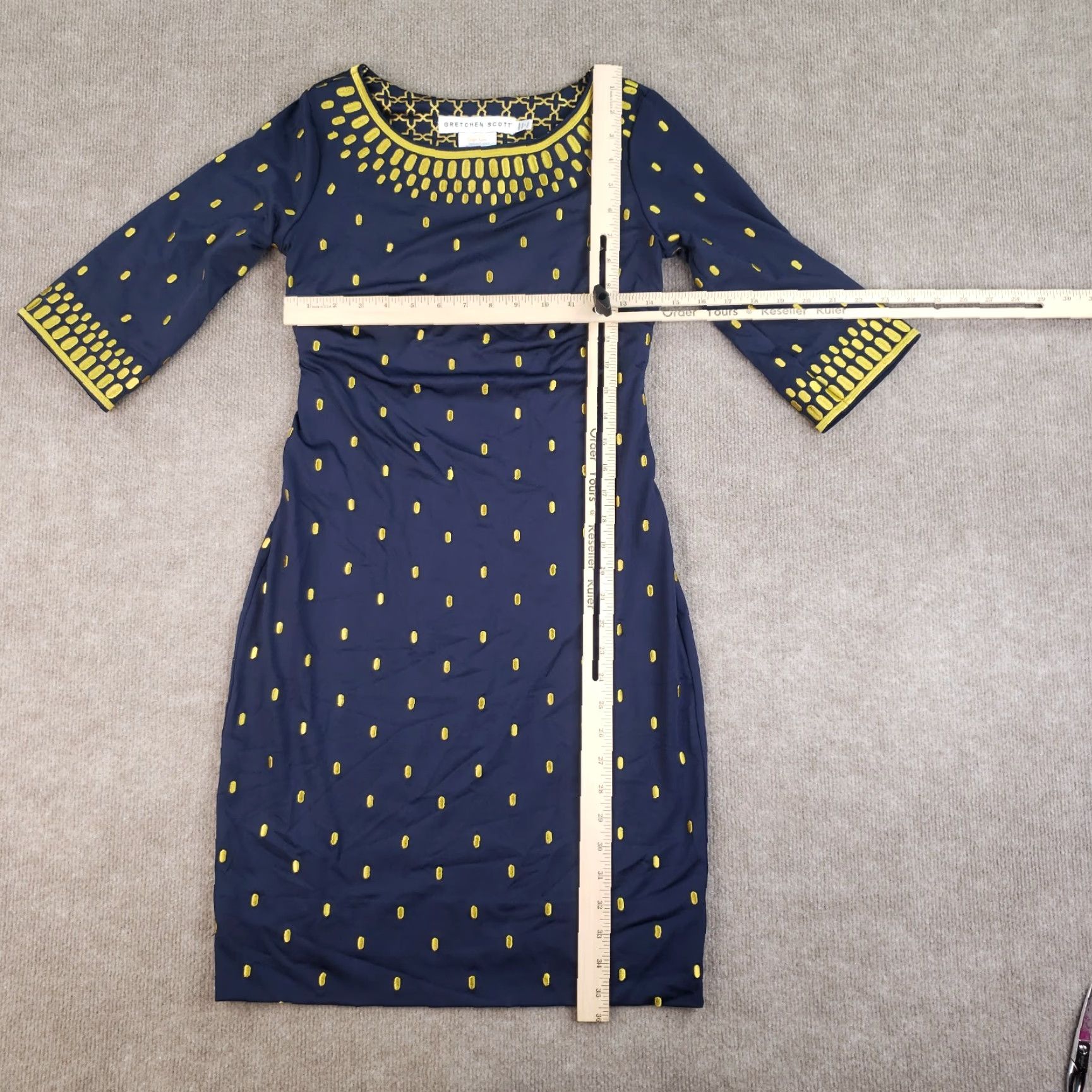 Vintage Gretchen Scott Rocket Girl Sheath Dress Womens M Blue Polka Dot Embroidered 3/4 Sleeve Knee Length Round Neck Pullover Size M / US 6-8 / IT 42-44 - 2 Thumbnail