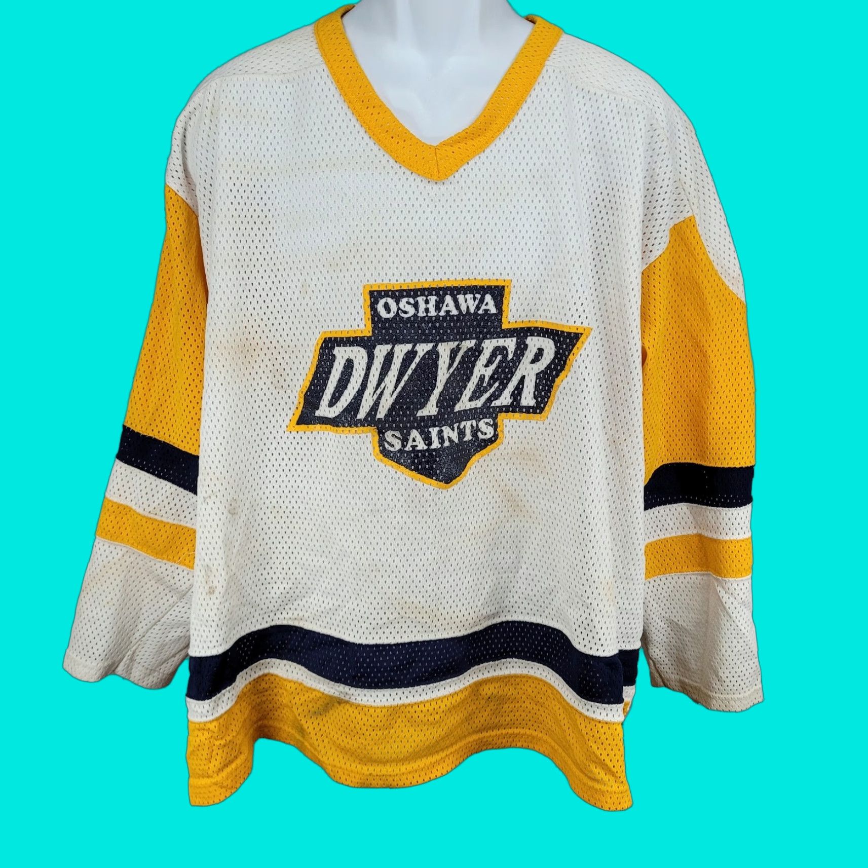 Vintage Oshawa Saints Dwyer #9 White Yellow Navy Long Sleeve Hockey Jersey XXL Size US XXL / EU 58 / 5 - 1 Thumbnail