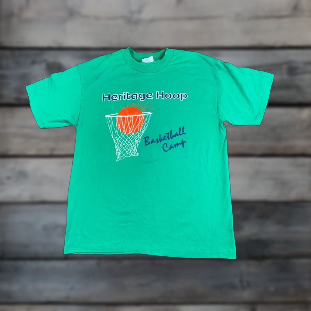Hanes VINTAGE Hanes T-Shirt Green 90s Heritage Hoop Basketball Camp Graphic Print Adult Large Mens Shirt Size US L / EU 52-54 / 3 - 1 Thumbnail