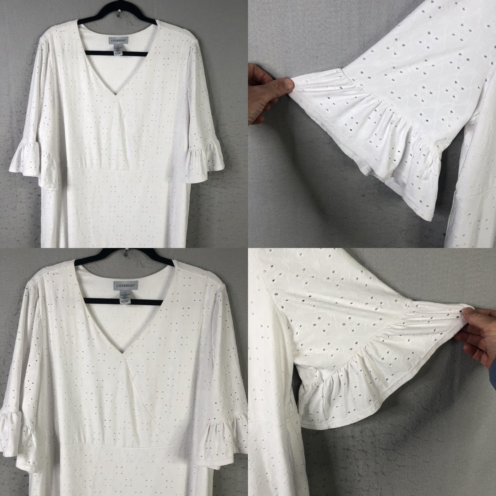 Vintage Catherines Dress Womens 1X White Eyelet Lace Midi Fit Flare Bell Sleeve Boho Size XL / US 12-14 / IT 48-50 - 8 Thumbnail